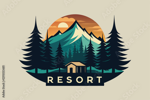 A sleek logo showcases a boutique resort with a mountain backdrop, surrounded by tall trees and a sunset, Create a sleek and stylish logo for a boutique resort nestled in the forest