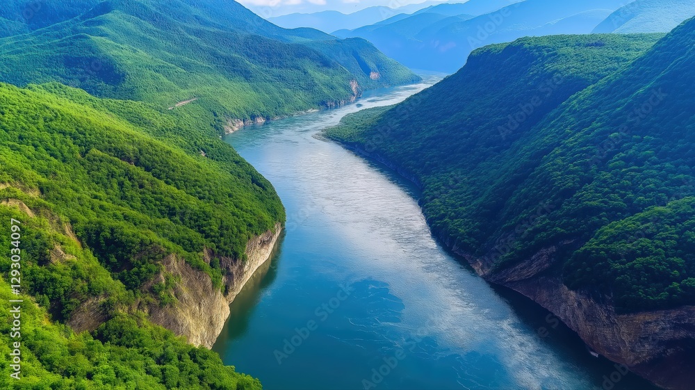Top view of a mountain river surrounded by dense trees Top view of a mountain river surrounded by dense trees