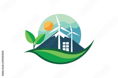 Sleek symbol representing renewable energy with wind turbines and mountains under a bright sun, Create a sleek symbol for a renewable energy company, minimalist simple modern vector logo design