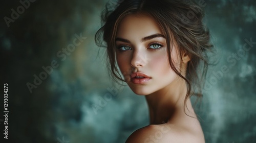 A sophisticated portrait of a woman with an enigmatic smile, elegantly dressed and set against a minimalist backdrop, highlighting her natural beauty and allure.