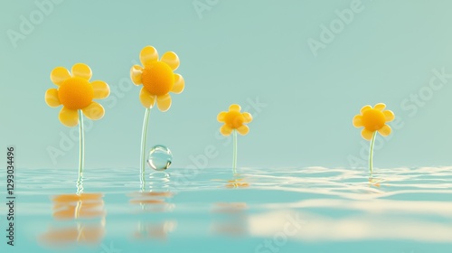 Stylized Yellow Flowers Reflecting in Calm Blue Water
