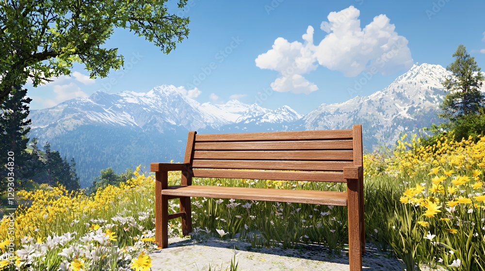 Wooden Bench Amidst Yellow Flowers and Majestic Mountains Wooden Bench Amidst Yellow Flowers and Majestic Mountains