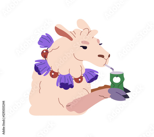 Portrait of cute llama drinking juice with straw. Funny character of alpaca holds soda can in hooves. Avatar of lama with Mexican necklace and beverage. Flat isolated vector illustration on white