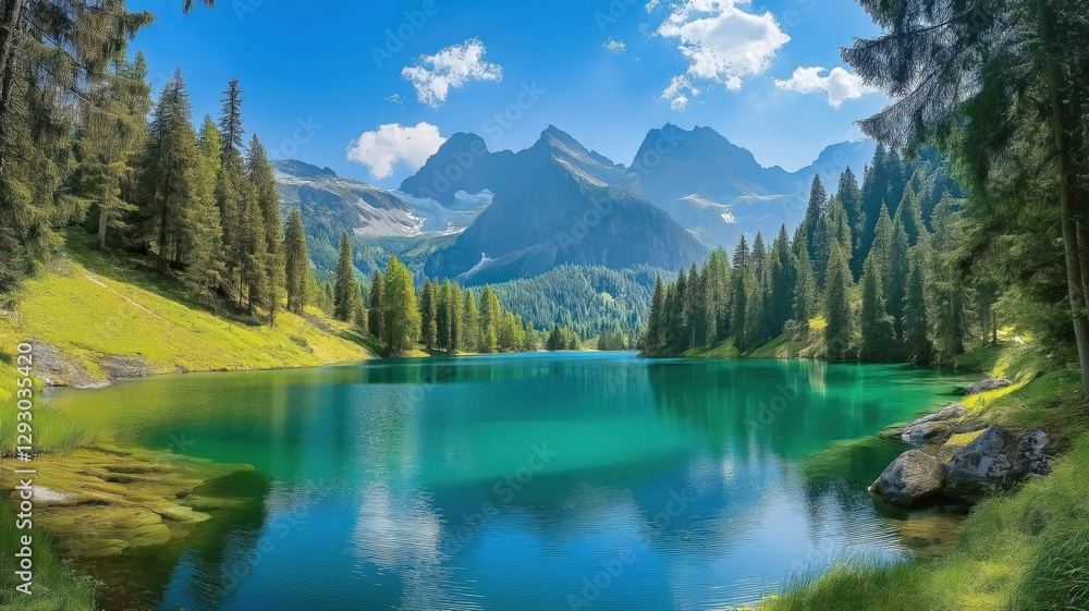Fototapeta premium mountain lake surrounded by dense forests and towering peaks
