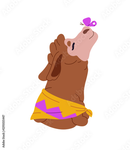Happy guanaco llama avatar. Portrait of amusing lama with butterfly sitting on its muzzle, nose. Cute alpaca character in funny neck scarf. Flat isolated vector illustration on white background