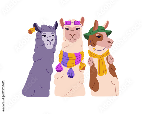 Happy dressed group of funny llamas. Fluffy characters, alpacas wear fashion clothes. Mexican lamas' heads with sunglasses, scarfs, panama hat. Flat isolated vector illustration on white background