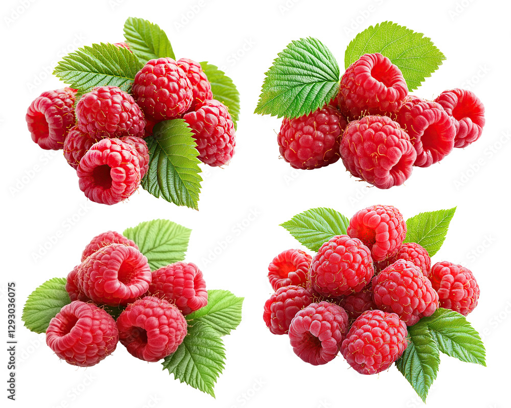 Set of fresh ripe raspberries with green leaves, isolated on transparent cutout background Set of fresh ripe raspberries with green leaves, isolated on transparent cutout background
