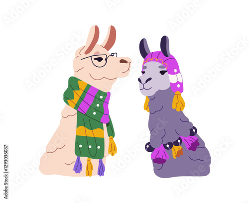 Cute Mexican llamas wear stylish knitted clothes. Happy characters of lama are in fashion wool scarf, hat. Trendy alpacas are dressed together. Flat isolated vector illustration on white background