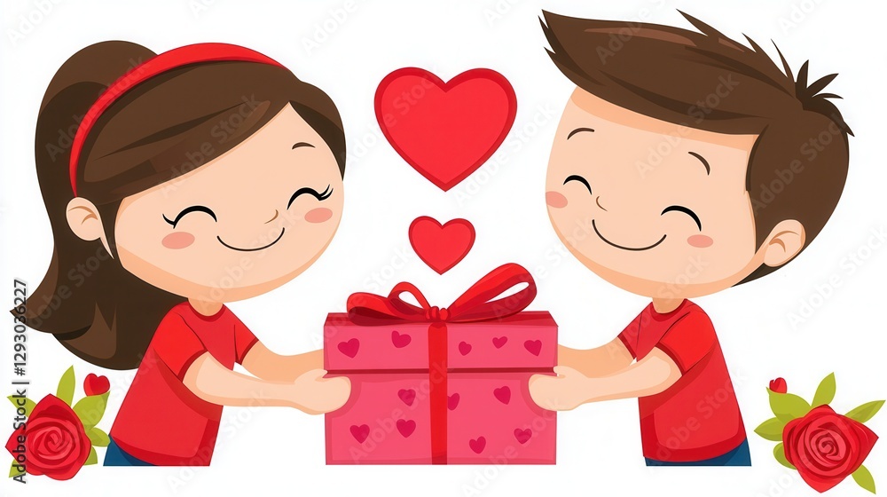 Children Sharing Gift On White Background Children Sharing Gift On White Background