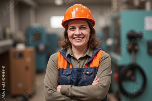 Waist up portrait of female factory worker wearing hardhat and smiling happily posing in modern industrial workshop, copy space