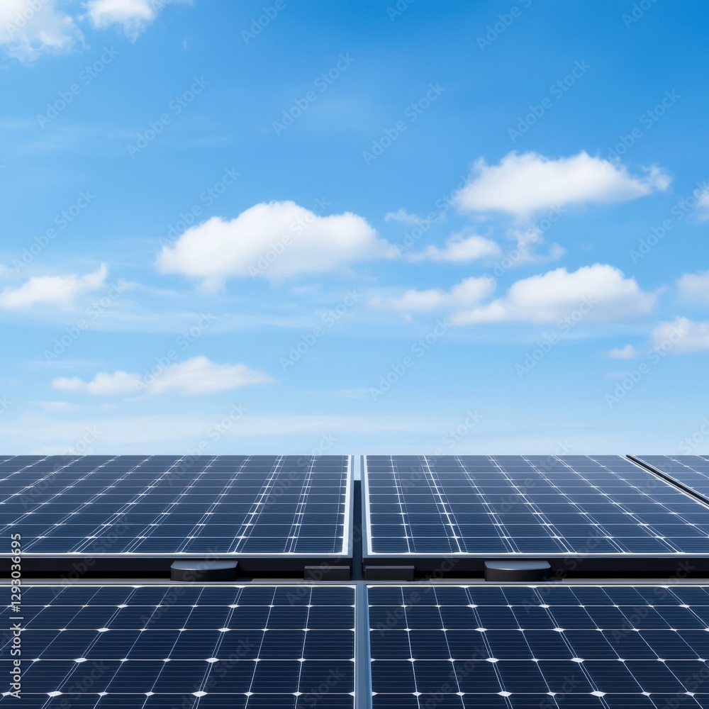 Array of solar panels installed on a rooftop under a clear blue sky representing renewable energy solutions Array of solar panels installed on a rooftop under a clear blue sky representing renewable energy solutions
