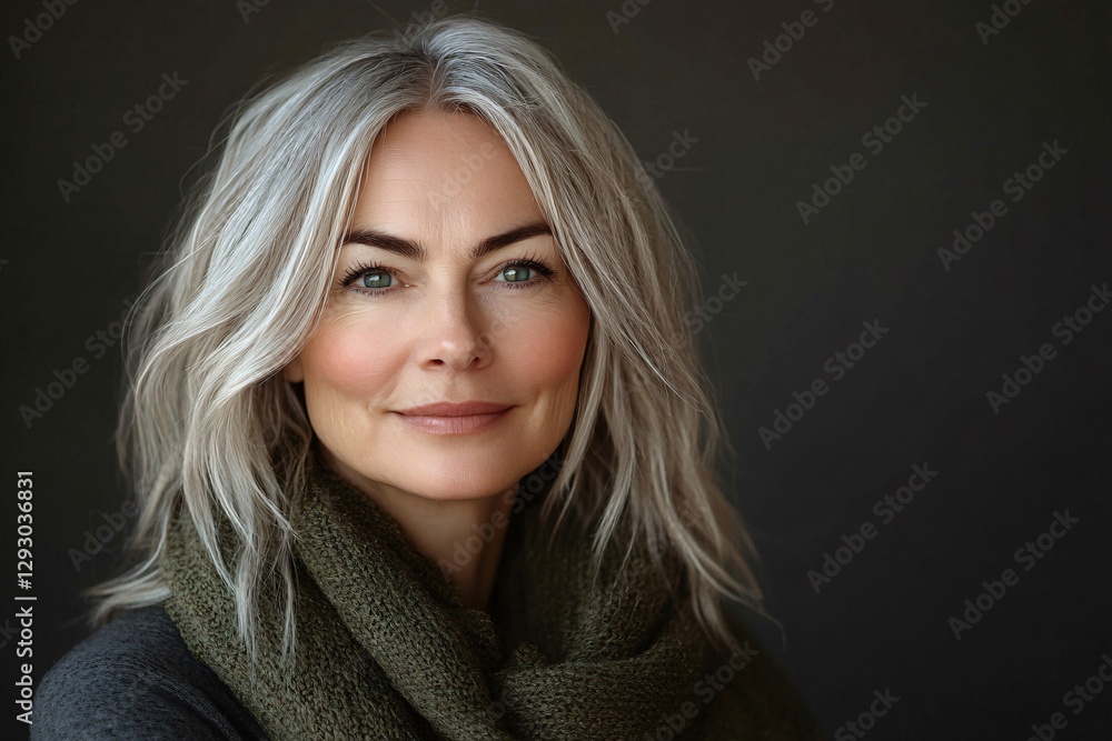 A warm and inviting portrait of a middle-aged woman in a cozy scarf, perfect for International Women's Day campaigns, skincare promotions, or lifestyle blogs. A warm and inviting portrait of a middle-aged woman in a cozy scarf, perfect for International Women's Day campaigns, skincare promotions, or lifestyle blogs.