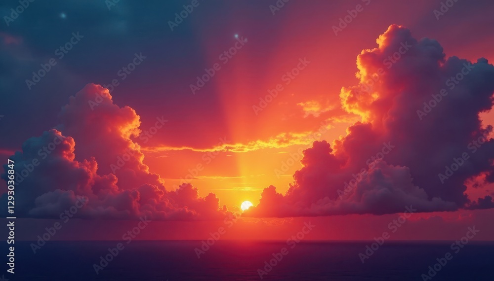 Naklejka premium Fiery sunset, dramatic cloudscape, vibrant colors, sunset, element