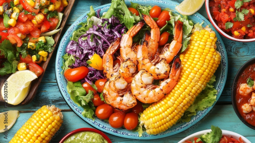 A vibrant summer picnic scene featuring a platter of grilled shrimp, corn on the cob, and colorful salads, illustrating a delicious outdoor feast. A vibrant summer picnic scene featuring a platter of grilled shrimp, corn on the cob, and colorful salads, illustrating a delicious outdoor feast.