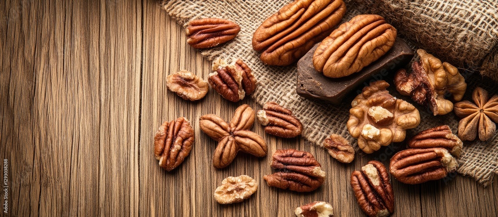 Nuts and chocolate assortment on wooden background with burlap texture featuring pecans walnuts and chocolate pieces placed on the left side Nuts and chocolate assortment on wooden background with burlap texture featuring pecans walnuts and chocolate pieces placed on the left side