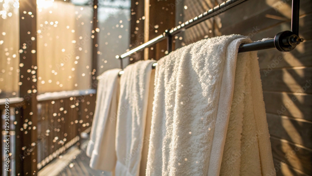 Soft towels hanging on a rack with floating particles in the air,cosy, routine, supply, environment, cleaning Soft towels hanging on a rack with floating particles in the air,cosy, routine, supply, environment, cleaning