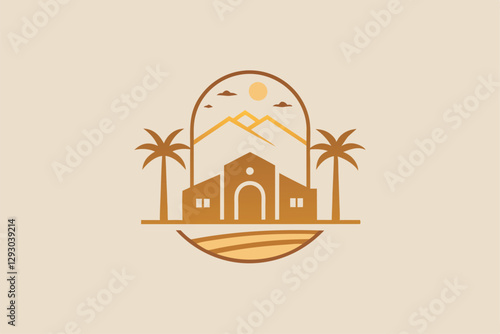 The essence of a serene desert resort with elegant mountains and palm trees at sunset, Design a minimalist logo for a desert resort with a touch of elegance