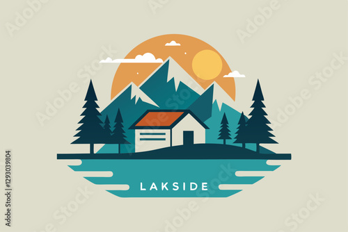 A minimalist logo captures the essence of a serene lakeside resort surrounded by mountains and trees, Design a minimalist logo for a lakeside resort that exudes tranquility