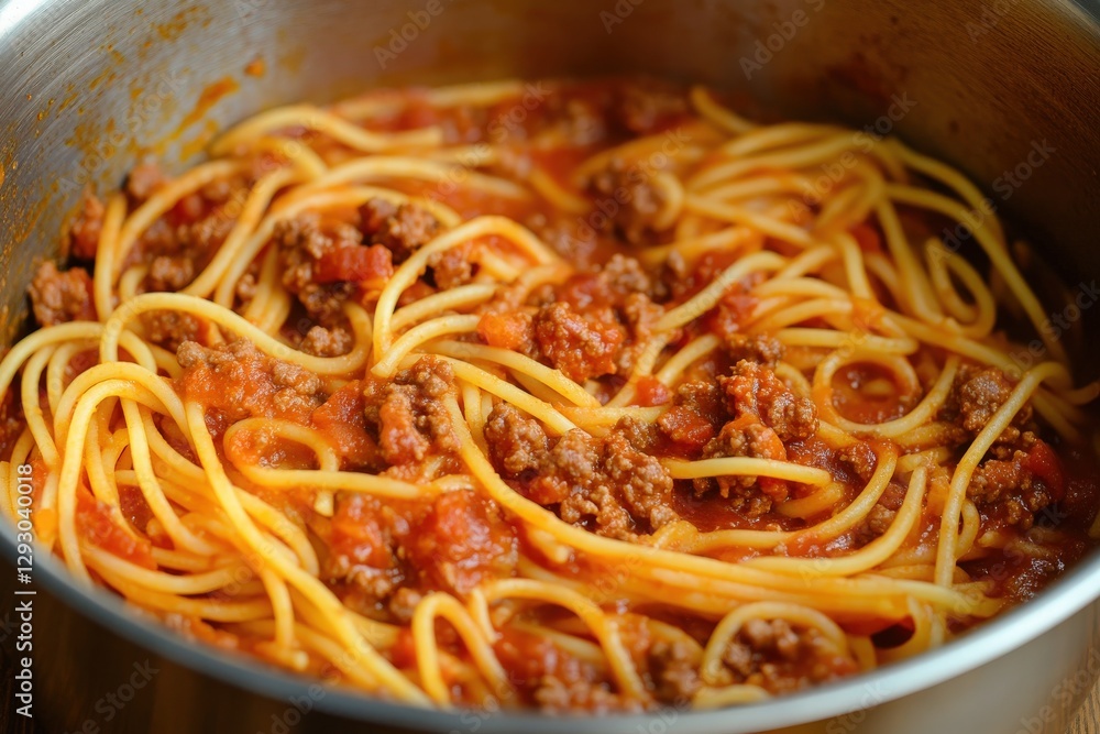 Spaghetti Bolognaise Sauce in the Pot on the wooden table Spaghetti Bolognaise Sauce in the Pot on the wooden table