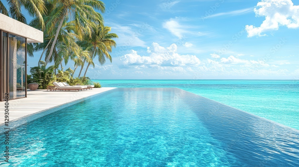 Naklejka premium Infinite pool with white wooden deck, blue ocean, and palm trees in the background, 3D rendering illustration in high resolution.