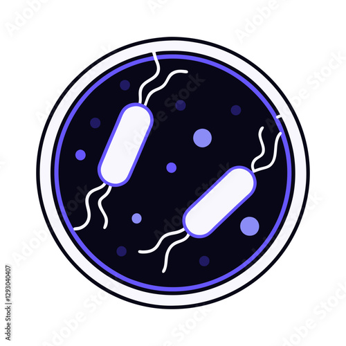 A digital illustration of bacteria under a microscope in black and blue, representing microbiology, infection, and scientific research vector.