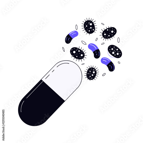 An illustration of a pill releasing bacteria, symbolizing drug resistance, microbiology, and medical research. Healthcare and antibiotic concept vector.