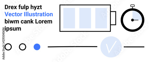 Abstract battery with three segments, a stopwatch, and a checkmark icon. Accompanied by lorem ipsum text and simple geometric shapes in black and blue. Ideal for tech, time management, efficiency