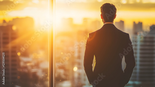 The CEO in suit stands by window, gazing at sunset over city skyline, reflecting on decisions and future possibilities