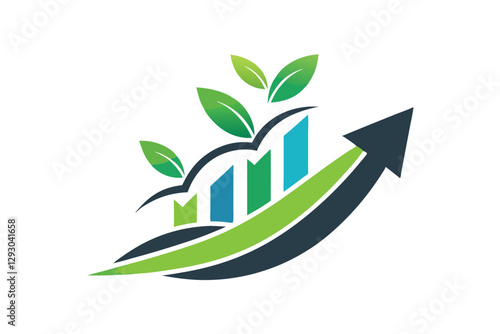 A clean logo illustrates growth with green foliage, upward bars, and an arrow representing progress, Design a minimalist logo that represents growth and progress