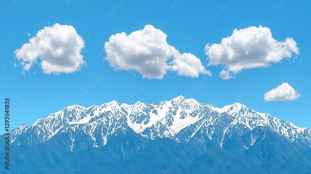 Fototapeta premium Snowy mountain peaks under a clear blue sky with fluffy white clouds.