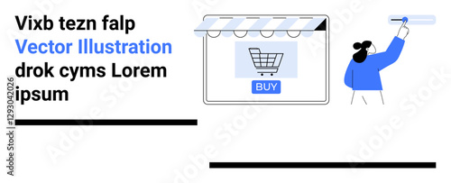 Digital storefront with shopping cart, BUY button, shopkeeper wiping glass Ideal for retail, e-commerce, online marketing, digital ads, stores promotion, web design, flat landing page banner