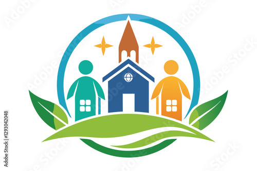 A colorful logo featuring a church surrounded by two community figures and lush greenery symbolizes outreach, Design a simple logo for a community outreach program supporting local small businesses