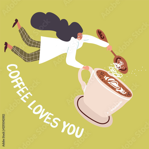 People enjoying coffee. Girl, woman of character, pours sugar into your cup on the fly, coffee loves you. Hand drawn Vector illustration.