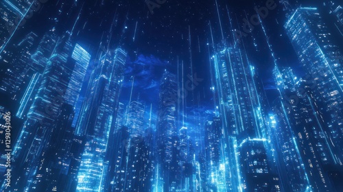 Wallpaper Mural Futuristic city skyline at night with glowing lines and digital rain. Torontodigital.ca