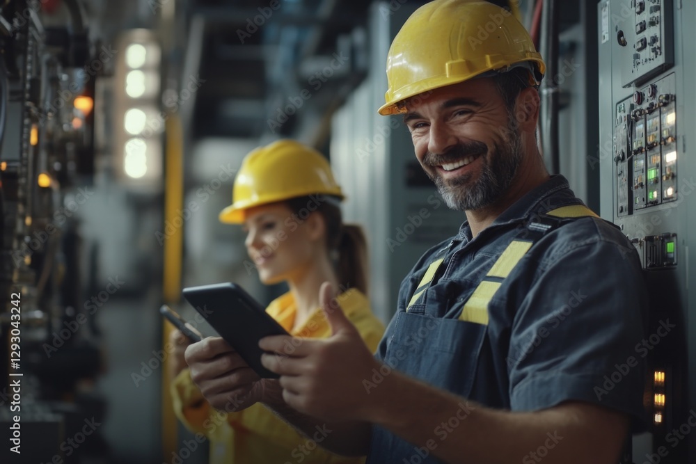 portrait of smiling electrician workers in overalls and helmet, holding digital tablet, stands next to the control panel of industrial plant portrait of smiling electrician workers in overalls and helmet, holding digital tablet, stands next to the control panel of industrial plant