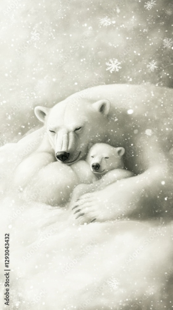 Fototapeta premium Polar bear mother cuddling her adorable cub in a snowy landscape