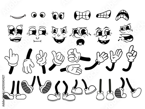 set of funny cartoon Vintage mouth, hand, foot and face. Vector comic groovy emotion black and white