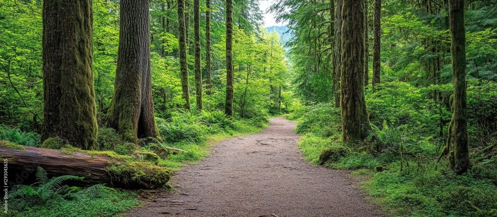 Fototapeta premium Lush green forest path winding through tall trees with sunlight filtering through foliage creating a serene and enchanting natural atmosphere