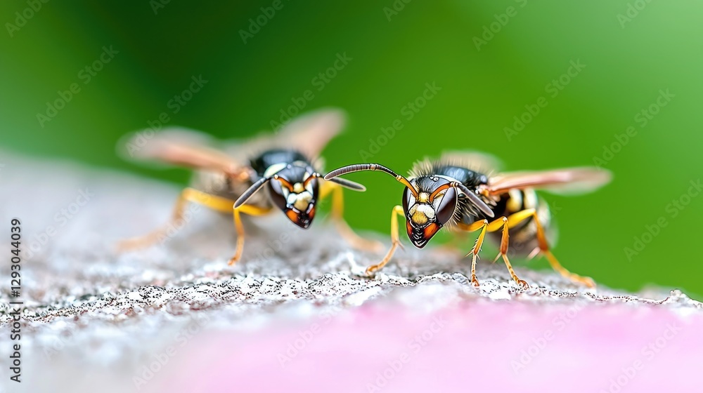 Two wasps facing, garden background, nature macro Two wasps facing, garden background, nature macro
