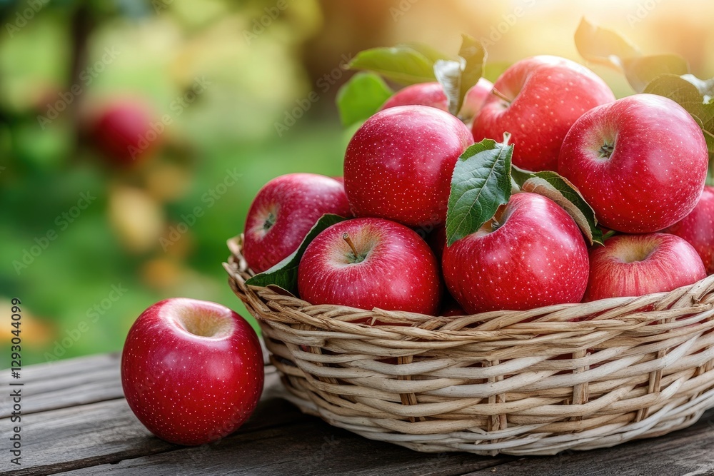 Wicker basket brimming with freshly picked red apples at sunset Wicker basket brimming with freshly picked red apples at sunset