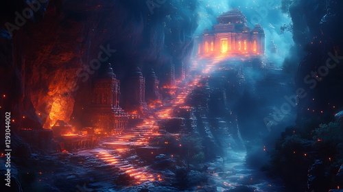 Mystical mountain temple, fiery path, cave, night, fantasy, game, background