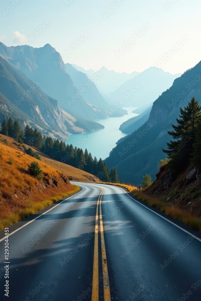 Fototapeta premium Empty road curves through valley, misty Lake District peaks , peaceful, white, landscape