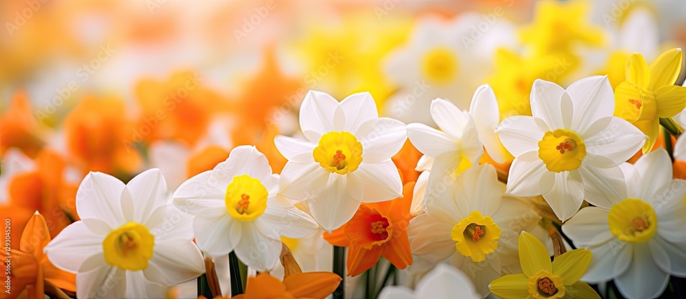 Fototapeta premium Colorful spring narcissus flowers in close-up featuring vibrant yellow, white, and orange hues, softly illuminated by warm sunlight in a garden setting.