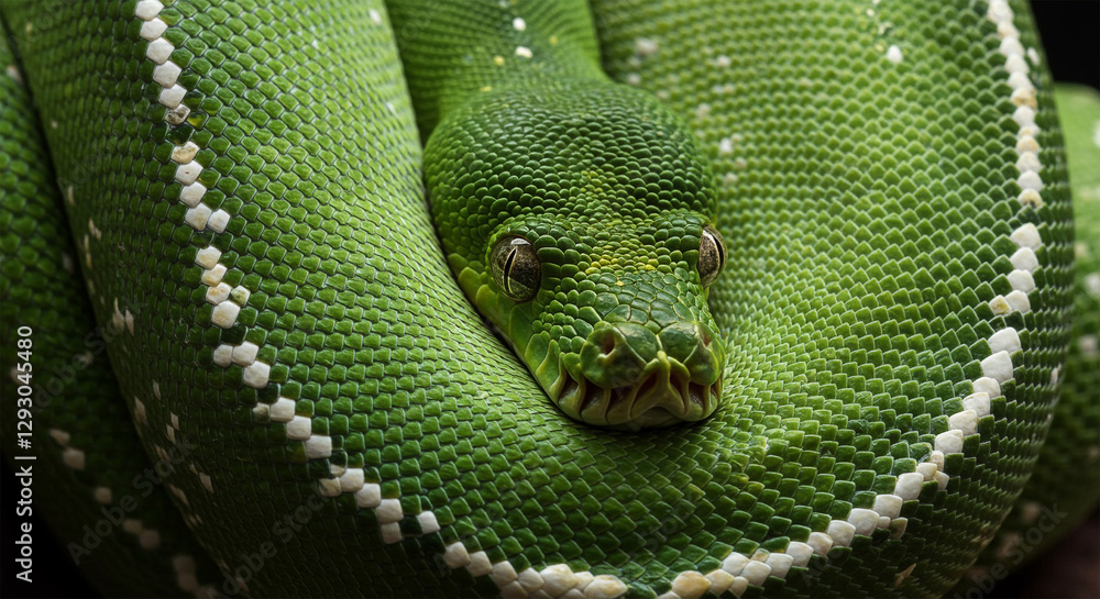 Green tree python coiled up with striking yellow eyes Green tree python coiled up with striking yellow eyes