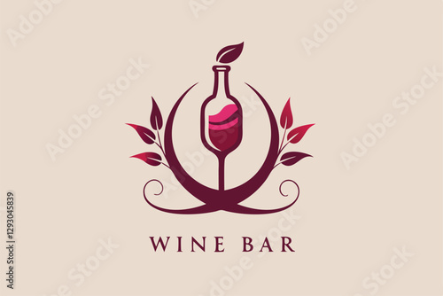 An artistic logo featuring a wine bottle and leaves, perfect for branding a classy wine bar setting, Design a sleek and sophisticated logo for an event marketing agency