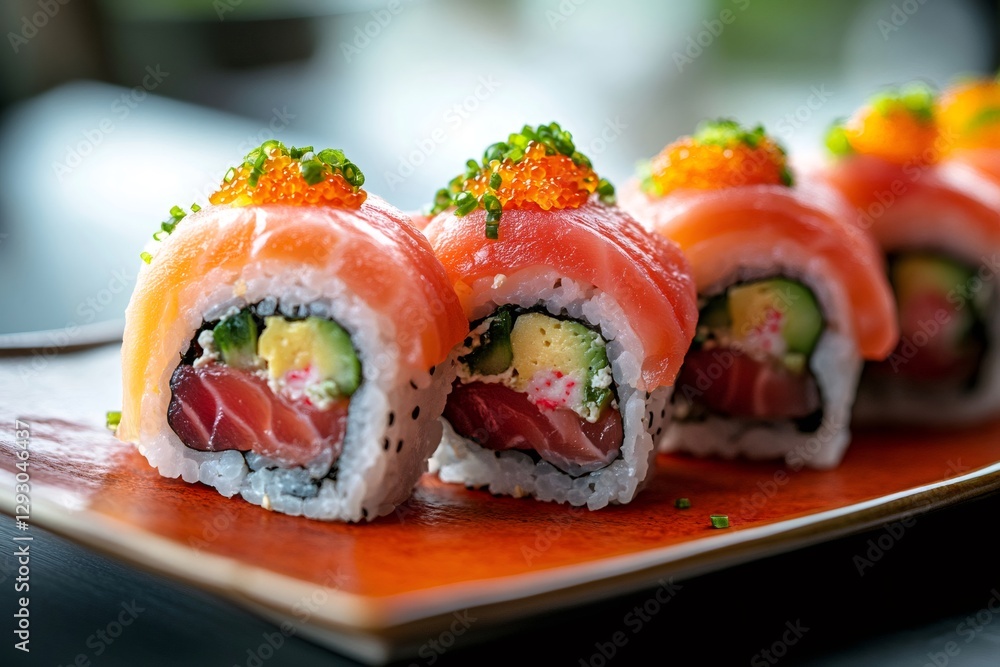 Delicious uramaki sushi rolls covered with salmon and roe on plate Delicious uramaki sushi rolls covered with salmon and roe on plate
