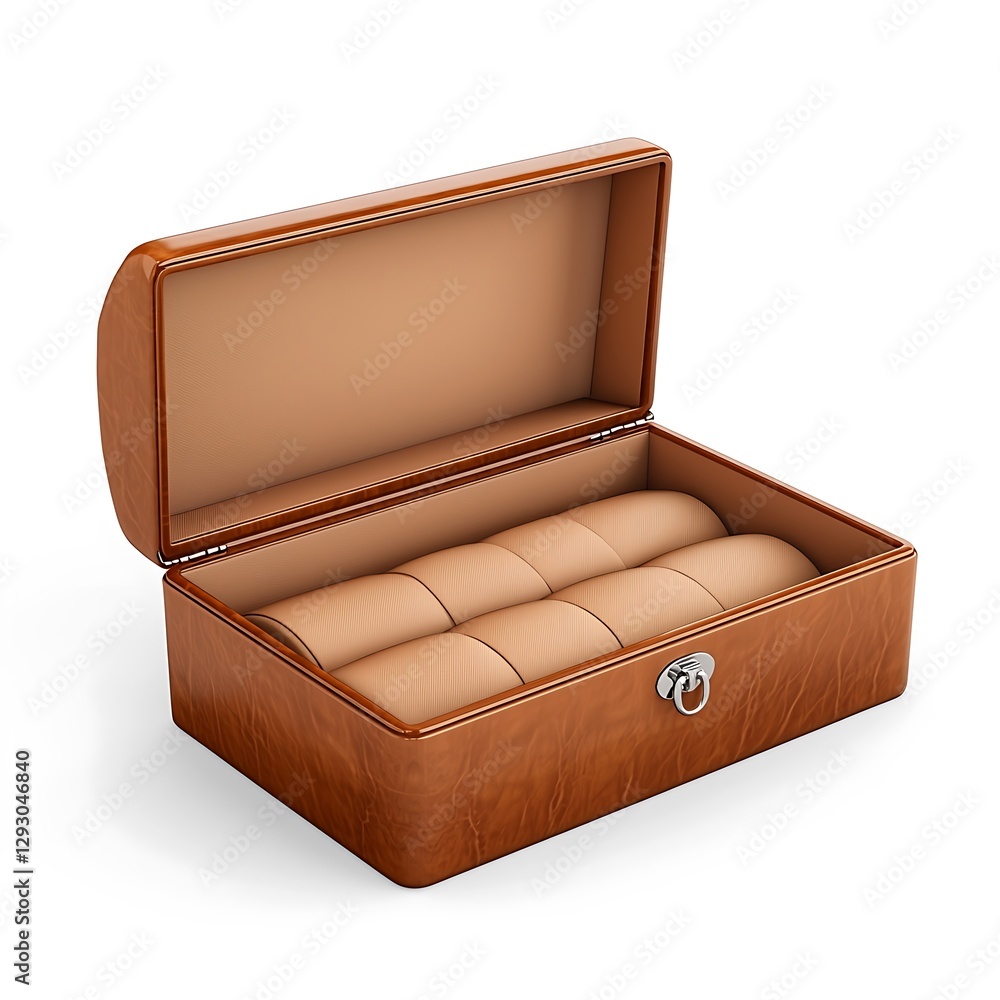 Brown Leather Watch Box  Six Compartments  Open  Luxury Storage