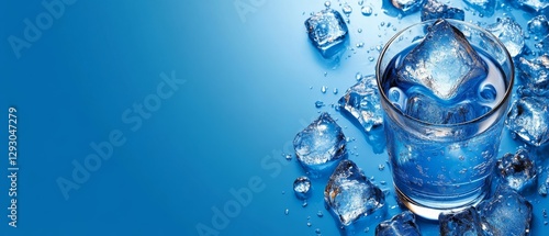 A blue background with a glass of water with ice cubes in it