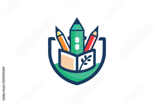 A sleek logo combines a book, pencils, and a plant symbolizing educational growth and creativity, Develop a minimalist logo for a school supply retailer, minimalist simple modern vector logo design