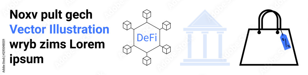Fototapeta premium Decentralized finance network and bank illustration showing connectivity and commerce. Ideal for fintech, blockchain, e-commerce, banking, technology, financial systems, flat landing page banner